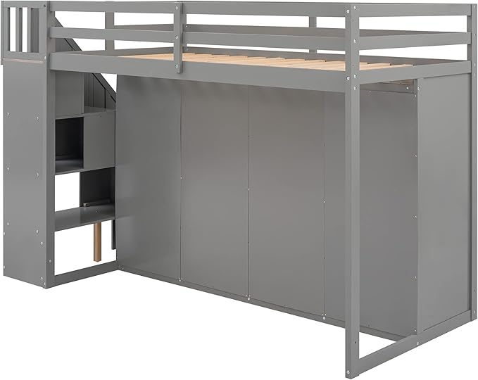 Twin Size Wood Loft Bed, Wooden Loft Bed Frame with 3 Shelves, 2 Wardrobes, 2 Drawers and Storage Staircases for Kids, Teens, Adults, No Box Spring Needed, Gray - LeafyLoom