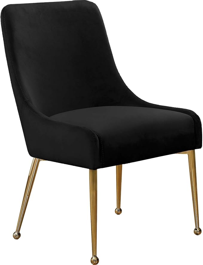 Meridian Furniture Owen Collection Modern | Contemporary Velvet Upholstered Dining Chair with Polished Gold Legs, Set of 2, 24" W x 21" D x 34.5" H, Black - LeafyLoom