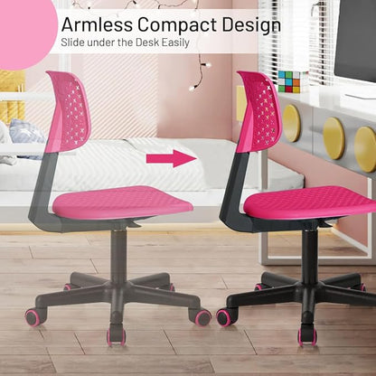 Desk Chair Armless Cute Office Chair, Low Back Rolling Home Office Task Chair Adjustable Swivel Study Chair for Girls Teens Adults Children Kids, Pink - LeafyLoom