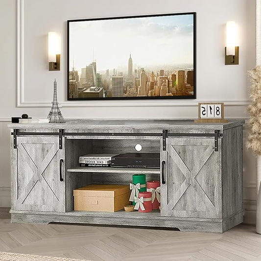 IDEALHOUSE TV Stand Farmhouse Entertainment Center for 65 Inch TV & Media Furniture, Rustic TV Stands with Storage and Barn Doors TV Console Table Under TV Cabinet for Living Room, Rustic Grey - LeafyLoom