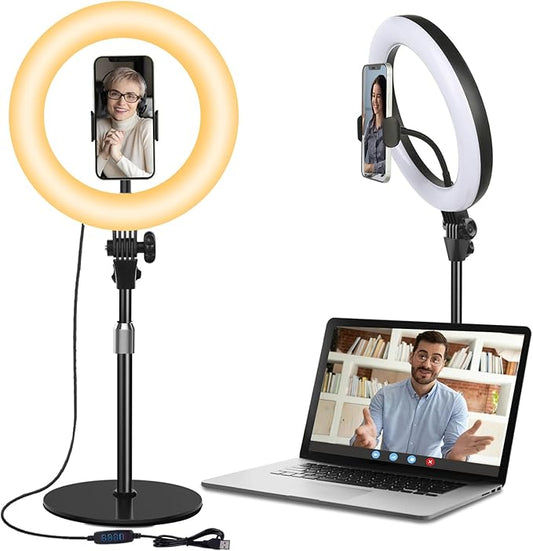 Video Conference Lighting for Laptop Computer, 10.5'' Selfie Ring Light with Stand and Phone Holder for Remote Working, Zoom Meeting Calls, Webcam Lighting, Live Streaming, Video Recording - LeafyLoom