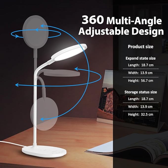 G Keni 1400 High Lumen LED Desk Lamp with Wireless Charger, Touch Control Dimmable Reading Table Lamp, 3 Color Modes, 30 Minutes Timer, Eye Care Study Desk Light, AC Adapter for Home, Office, Dorm - LeafyLoom