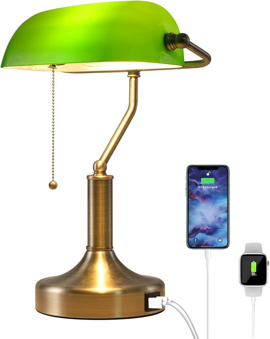 Banker Desk Lamp Green Glass, Antique Desk Lamps with Brass Base, Traditional Library Table Lamp with USB A and Type C Charging Port for Office, Study Room, Pull Chain Switch - LeafyLoom