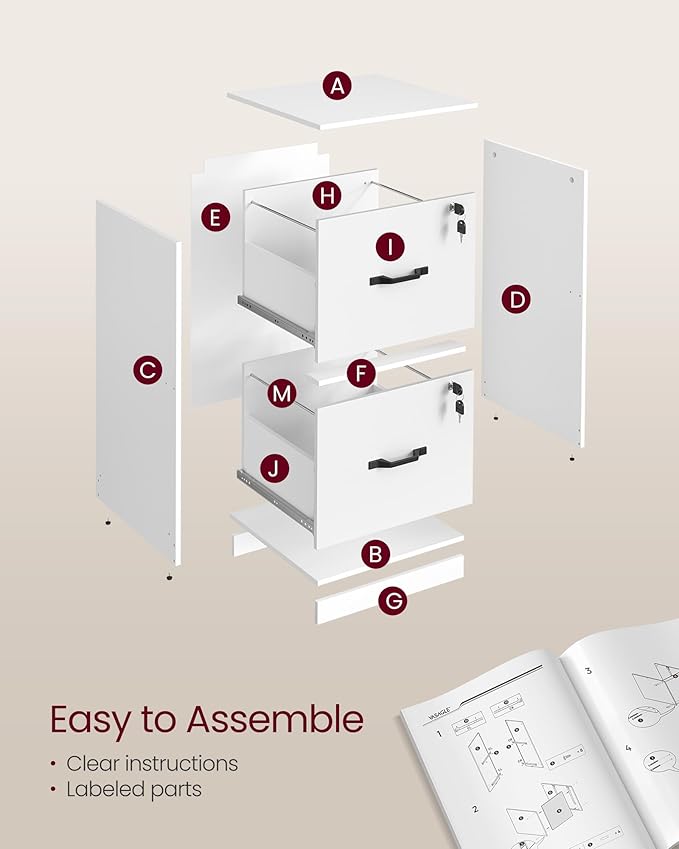 VASAGLE 2-Drawer Vertical File Cabinet, Filing Cabinet for Home Office, Printer Stand, with 2 Lockable Drawers, Adjustable Hanging Rail, for A4 and Letter-Size Files, Cloud White UOFC016W14 - LeafyLoom