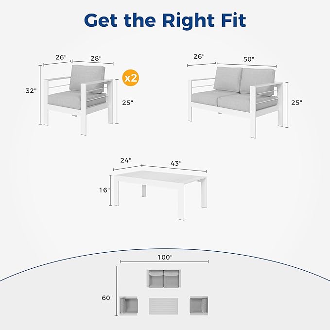 Wisteria Lane Outdoor Patio Furniture Set, 4 Pieces Aluminum Sectional Sofa, Metal Patio Conversation Set with Loveseat, 5 Inch Light Grey Cushion and Coffee Table (White & Light Grey) - LeafyLoom
