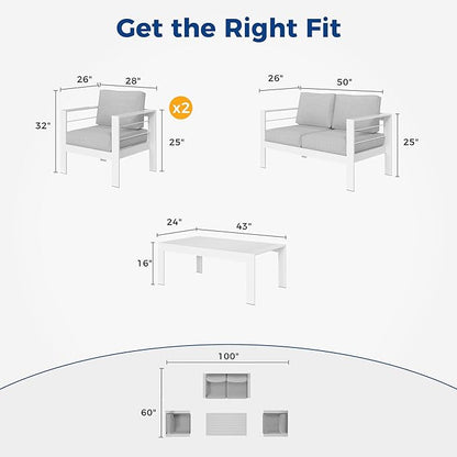 Wisteria Lane Outdoor Patio Furniture Set, 4 Pieces Aluminum Sectional Sofa, Metal Patio Conversation Set with Loveseat, 5 Inch Light Grey Cushion and Coffee Table (White & Light Grey) - LeafyLoom