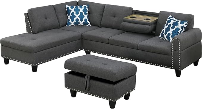 3-Piece Sectional Couch, Button Tufted Upholstered Modular Sofas with Chaise Lounge and Storage Ottoman, Large L-Shaped Living Room Sets w/Foldable Console and Cup Holder, Linen Black - LeafyLoom