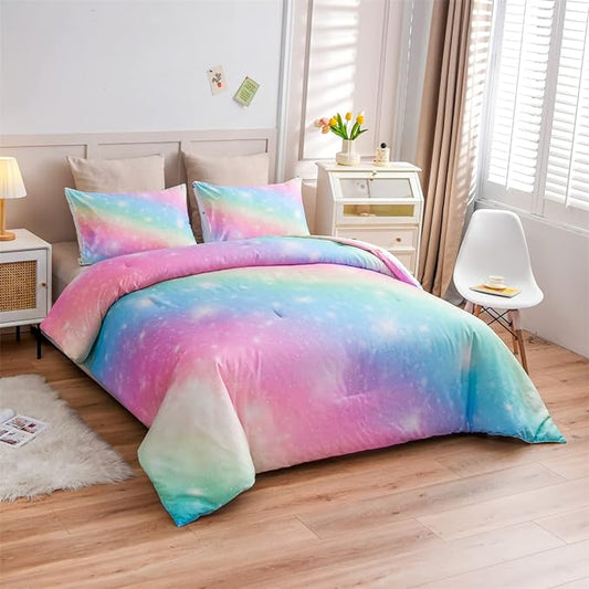 Holawakaka Girls Ombre Glitter Comforter Set, Full Size Gradient Rainbow Galaxy Print Kids Bedding Sets, Multi-color Ultra-soft Dorm Bed Set (Pink Green, Full) - LeafyLoom