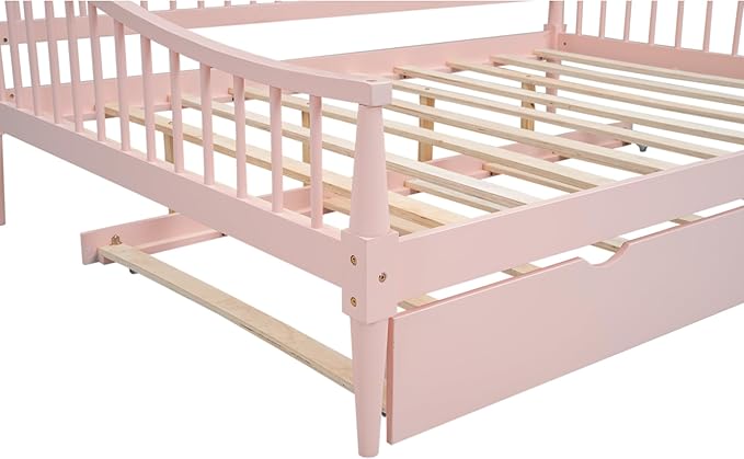 Full Size Daybed with Hideaway Trundle and Support Legs,Multi-functional Wood Bed Frame,W/Rails Three Sides,Easy to Assemble,for Bedroom,Living Room,Apartment,Pink - LeafyLoom