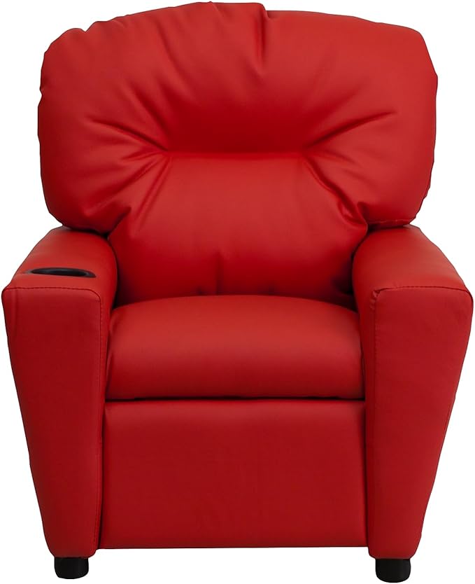 Flash Furniture Chandler Vinyl Kids Recliner with Cup Holder and Safety Recline, Contemporary Reclining Chair for Kids, Supports up to 90 lbs., Red - LeafyLoom