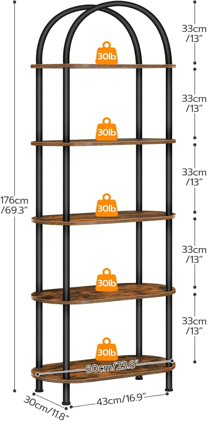 HOOBRO 5 Tier Open Bookshelf, Industrial Arched Bookcase Display Shelf Racks, Wooden Bookcase Storage Shelves Metal Frame, Tall Storage Organizer for Home, Easy Assembly, Rustic Brown BF176SJ01 - LeafyLoom