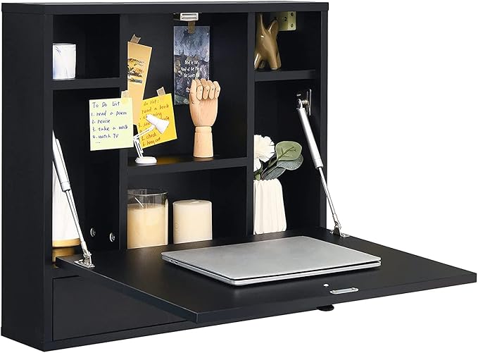 2 in 1 Foldable Tabletop, Folding Wall Mount Laptop Storage Compartments Space Saving Floating Desk, Black - LeafyLoom