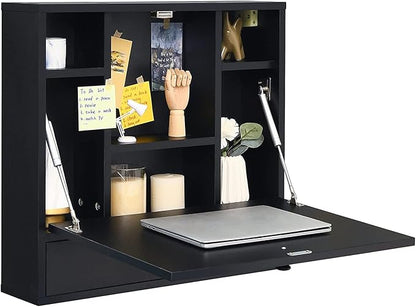 2 in 1 Foldable Tabletop, Folding Wall Mount Laptop Storage Compartments Space Saving Floating Desk, Black - LeafyLoom