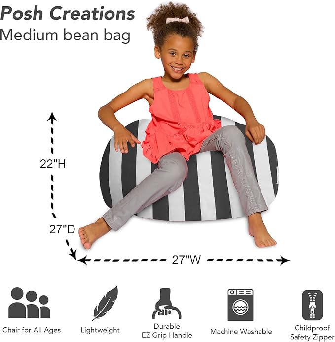 Posh Creations Bean Bag Chair for Kids, Teens, and Adults Includes Removable and Machine Washable Cover, Canvas Stripes Gray and White, 27in - Medium - LeafyLoom