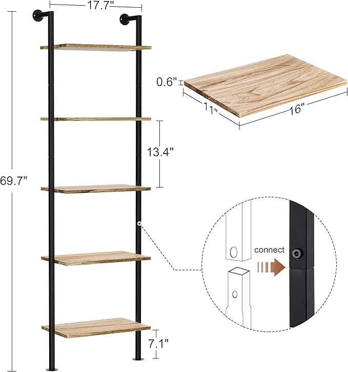 5-Tier Bookshelf Solid Wood Ladder Shelf, Narrow Book shelf Display Shelf, Wooden Ladder Shelf Bookcase, Wall Mount Ladder Shelf, Storage Rack for Living Room, Bedroom, Industrial Style, Rustic Brown - LeafyLoom