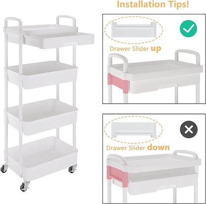 4-Tier Rolling Cart，Trolley with Drawer, Kitchen Storage Organizer with Plastic Shelf & Metal Wheels, Storage Cart for Living Room, Kitchen, Office, Bathroom, White - LeafyLoom