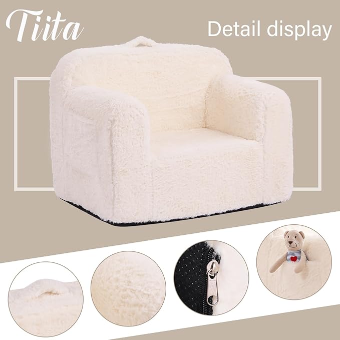 Tiita Kids Sofa Couch, Toddler Foam Sofa Chair, Comfy Child Lounge Chair with Carrying Handle & Side Pockets, Baby Plush Armrest Chair, Lightweight Reading Sofa Chair for Girl or Boy (Beige) - LeafyLoom