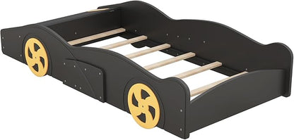 Twin Size Car Bed with Storage Space,Race Car-Shaped Platform Wooden Bedframe W/Wheels,No Box Spring Required,for Boys Toddlers Kids Child's Bedroom,Black+Yellow - LeafyLoom