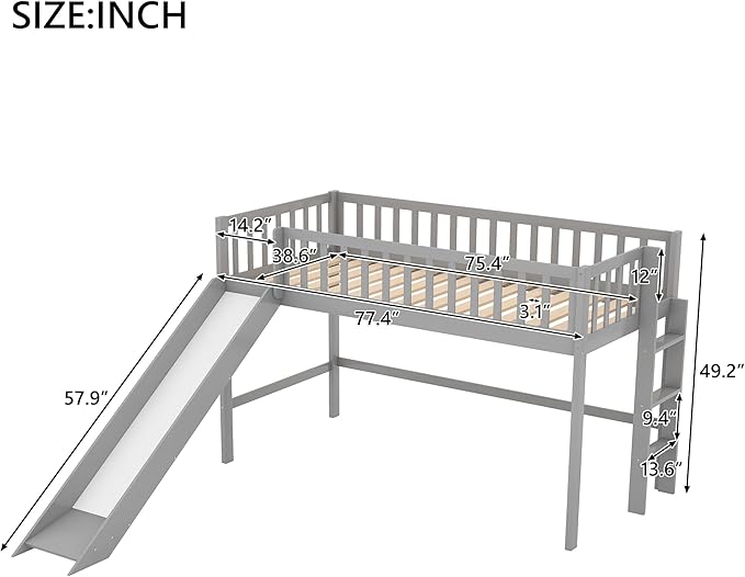 Merax Twin Wood Junior Low Loft Bed Frame with Slide Loft Bed with Full Length Guardrails for Kids Girls Boys,Gray - LeafyLoom