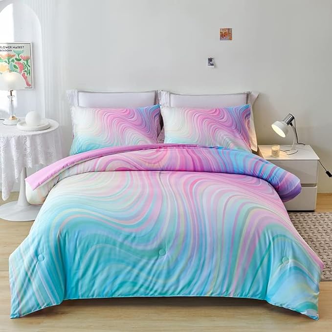 Comforter Set for Girls,Rainbow Comforter Set Full,Pink Comforter Set,Tie Dye Bedding,Kids Bedding Set for Girls,Teen Girl Comforter Set,Blue Pink Comforter for Kids - LeafyLoom