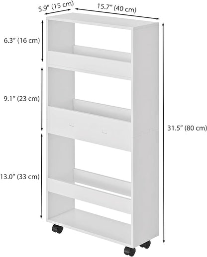 Slim Storage Cart, 4-Tier Kitchen Rolling Cart Narrow Mobile Utility Organizer for Bathroom Livng Room Laundry Room Small Spaces, White - LeafyLoom