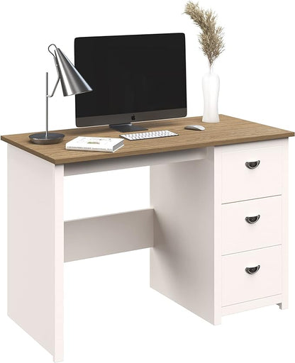 Lavish Home Traditional Desk with Attached 3-Drawer File Cabinet-for Home Office, Bedroom, Computer, or Craft Table, White and Wood Finish - LeafyLoom