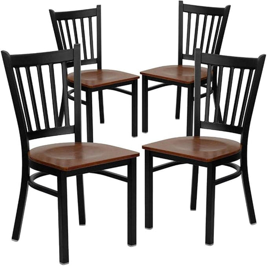 Flash Furniture 4 Pack HERCULES Series Black Vertical Back Metal Restaurant Chair - Cherry Wood Seat - LeafyLoom