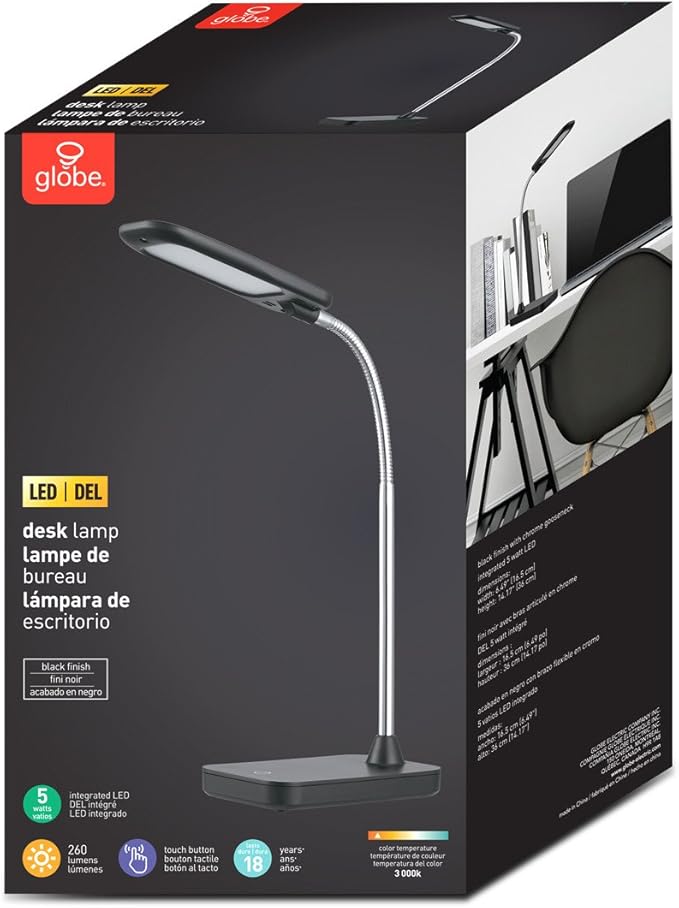 Globe LED Integrated Desk Lamp, Black, Chrome Gooseneck - LeafyLoom