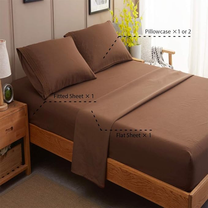 SONORO KATE Sheets Super Soft Microfiber 1800 Thread Count 16 Inch Deep Pocket 4 Piece Queen Brown - LeafyLoom