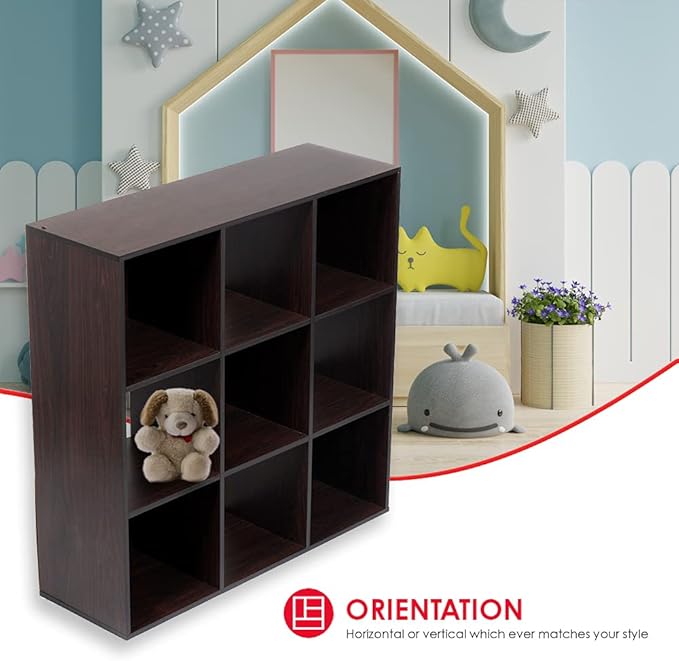 Home Basics 9-Cube Storage Organizer with 11" Shelf Opening Espresso MDF Bookcase and Display Shelf | Open and Closed Back Combination | Horizontal or Vertical Orientation - LeafyLoom