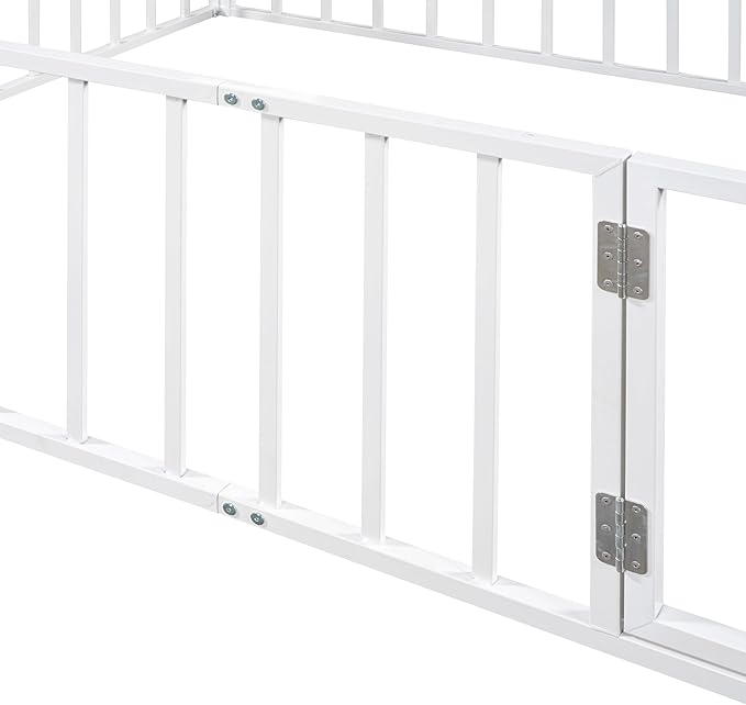 RITSU Queen Size Metal Floor Fence Bed, Montessori Bedframe, with Safety Guardrail and Door, for Children Bedroom, Boys Girls, Apartment, Strong & Durable, Easy to Assemble, White - LeafyLoom