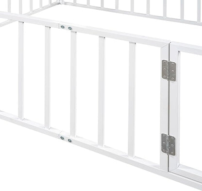 RITSU Queen Size Metal Floor Fence Bed, Montessori Bedframe, with Safety Guardrail and Door, for Children Bedroom, Boys Girls, Apartment, Strong & Durable, Easy to Assemble, White - LeafyLoom