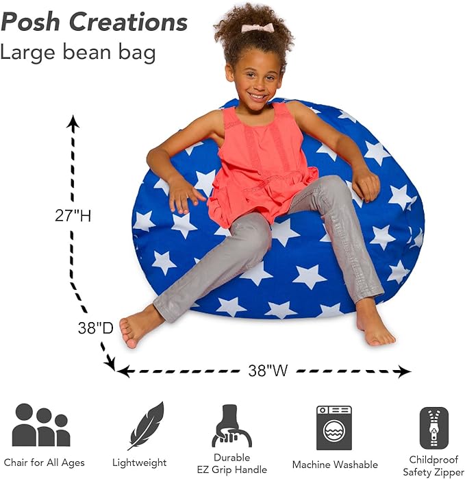 Posh Creations Bean Bag Chair for Kids, Teens, and Adults Includes Removable and Machine Washable Cover, 38in - Large, Canvas White Stars on Blue - LeafyLoom