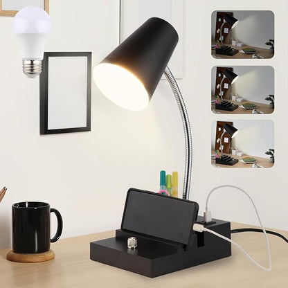 Study Desk Lamp with USB Charging and Type-C Night Light, Gooseneck LED Table Lamp Stepless Dimming Study Table Lamp with Pen Holder for College Dorm Bedroom and Office (Black) - LeafyLoom