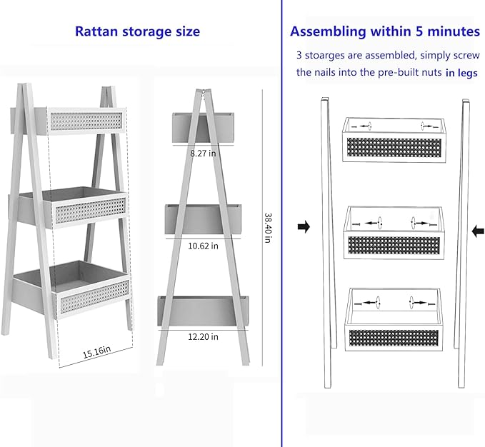 ZYBT Ladder Bookshelf, 3-Tier Rattan Bookshelf, Free Standing Bookcase, Blanket Ladder, Wood Organizer Storage Shelves for Living Room Bedroom Kitchen Bathroom Balcony and Home Office - LeafyLoom