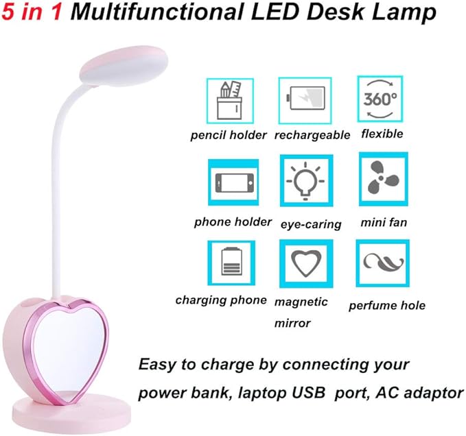 Pink Desk Lamp for Girls Bedroom Cute Desk Lamp 6 in 1 Eye-Caring Study Table Lamp for Kids Girls Women College Dorm Bedroom Reading,Stepless Dimming - LeafyLoom