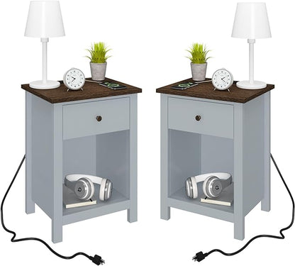 ChooChoo Nightstand Set of 2,Night Stand with Charging Station, Wooden Top Bedside End Table with Drawer and Storage Space for Bedroom, Gray - LeafyLoom