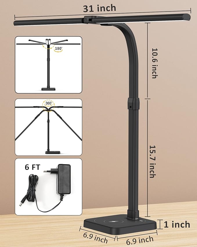 LED Desk Lamp for Home Office, Double Head 24W with USB Charging Port & Wireless Charger, Architect Light 5 Lighting Brightness Flexible Gooseneck Table Reading Study, Black - LeafyLoom