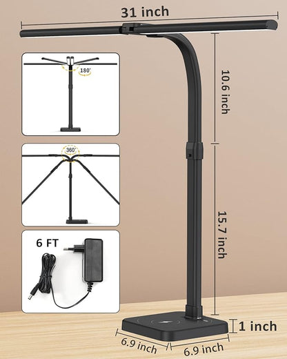 LED Desk Lamp for Home Office, Double Head 24W with USB Charging Port & Wireless Charger, Architect Light 5 Lighting Brightness Flexible Gooseneck Table Reading Study, Black - LeafyLoom