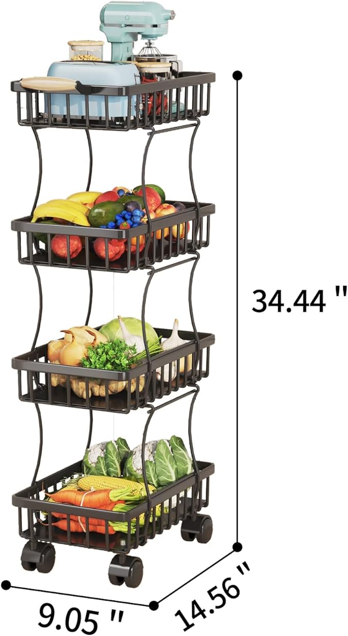 Wisdom Star 4 Tier Fruit Vegetable Basket for Kitchen, Storage Cart, Vegetable Basket Bins, Wire Storage Organizer Utility Cart with Wheels, Medium, Black - LeafyLoom