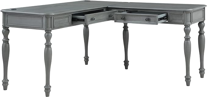 OSP Home Furnishings Country Meadows L-Shape Desk with 2 Full Drawers and Power Hub, Plantation Grey - LeafyLoom