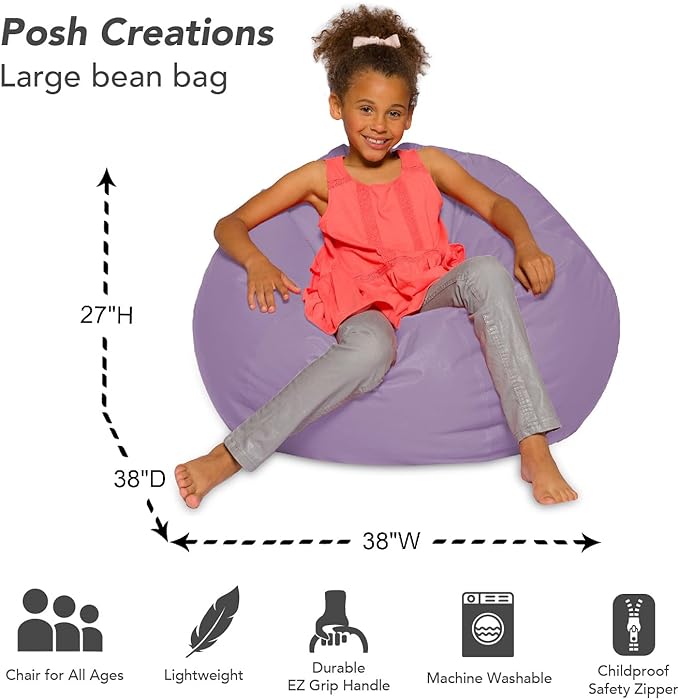 Posh Creations Bean Bag Chair for Kids, Teens, and Adults Includes Removable and Machine Washable Cover, Heather Lavender, 38in - Large - LeafyLoom