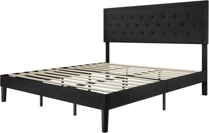 Allewie King Size Bed Frame Upholstered Platform Bed with Adjustable Headboard, Button Tufted, Wood Slat Support, Easy Assembly, Black - LeafyLoom