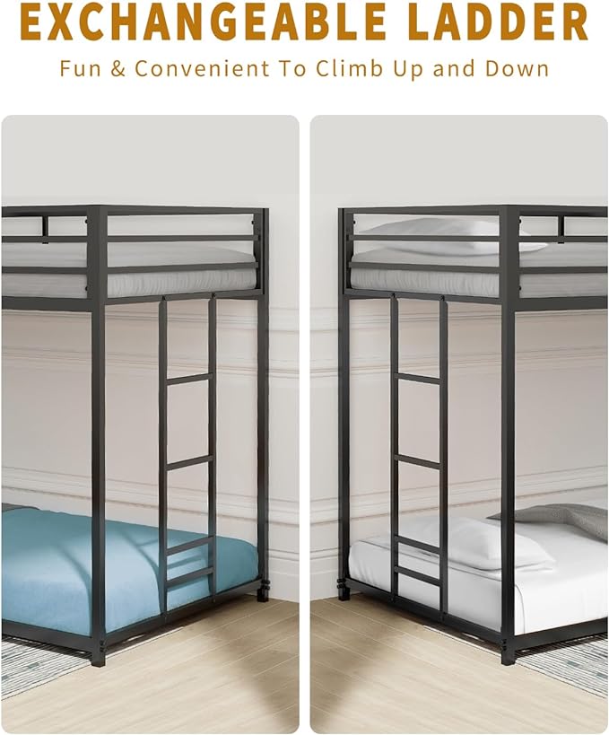 Twin Over Twin Bunk Bed - LifeSky Metal Low Profile Bunkbed with Side Ladder Black - LeafyLoom