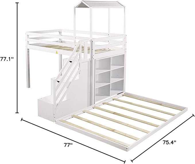 Stairway Twin over Full House Bunk Bed with Storage Shelves & Roof Design,Wooden Bunkbeds wtih Safety Guardrails for Kids/Teen/Adults Bedroom,Space Saving, White - LeafyLoom