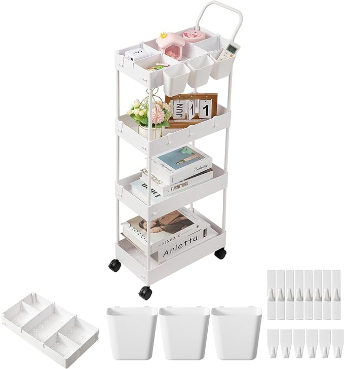 danpinera Storage Cart, 4 Tier Narrow Rolling Storage Cart with Wheels Dividers Bathroom Cart Organizer Slim Laundry Cart with Handle Hanging Cups Hooks, White - LeafyLoom