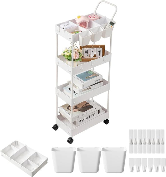 danpinera Storage Cart, 4 Tier Narrow Rolling Storage Cart with Wheels Dividers Bathroom Cart Organizer Slim Laundry Cart with Handle Hanging Cups Hooks, White - LeafyLoom