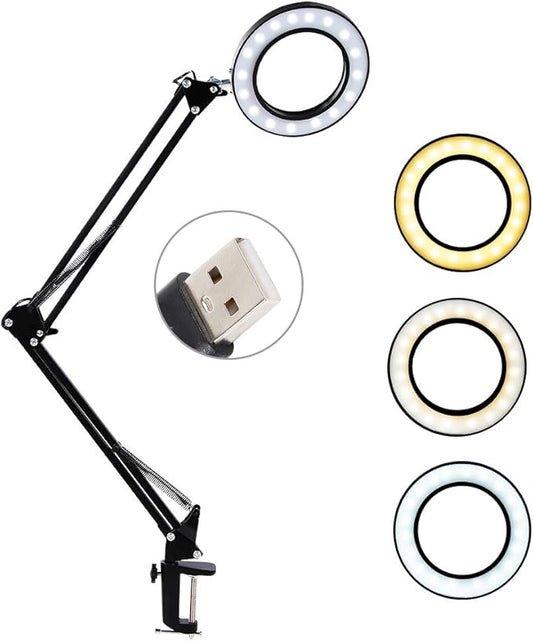 8X Magnifying Glass LED Light with Clamp, 12W Dimmable Magnifier Desk Lamp with 3 Light Colors 10 Brightness, 6.3″ Real Glass Lens, Adjustable Swivel Arm Magnifier Light for Reading Close Work Craft - LeafyLoom