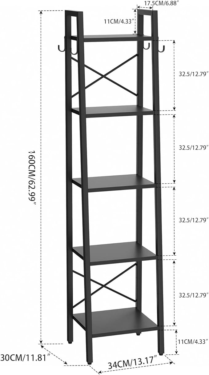 YMYNY 5 Tiers Ladder Bookcase, Industrial Narrow Bookshelf, Open Display Rack with 4 S Hooks, Metal Storage Shelves for Bedroom, Home Office, Living Room, Black, 63H*13.4L*11.8W, UHBC025B - LeafyLoom