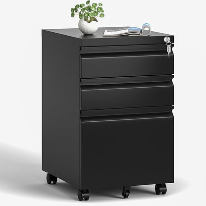 3 Drawers Mobile File Cabinet, Rolling File Cabinet Fully Assembled Under Desk, Metal Filing Cabinet with Lock for Home Office Organizer Letters/Legal/A4 (Black) - LeafyLoom